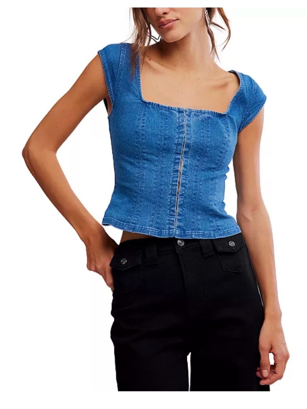 Free People Blue Denim Square-Neck Crop Top